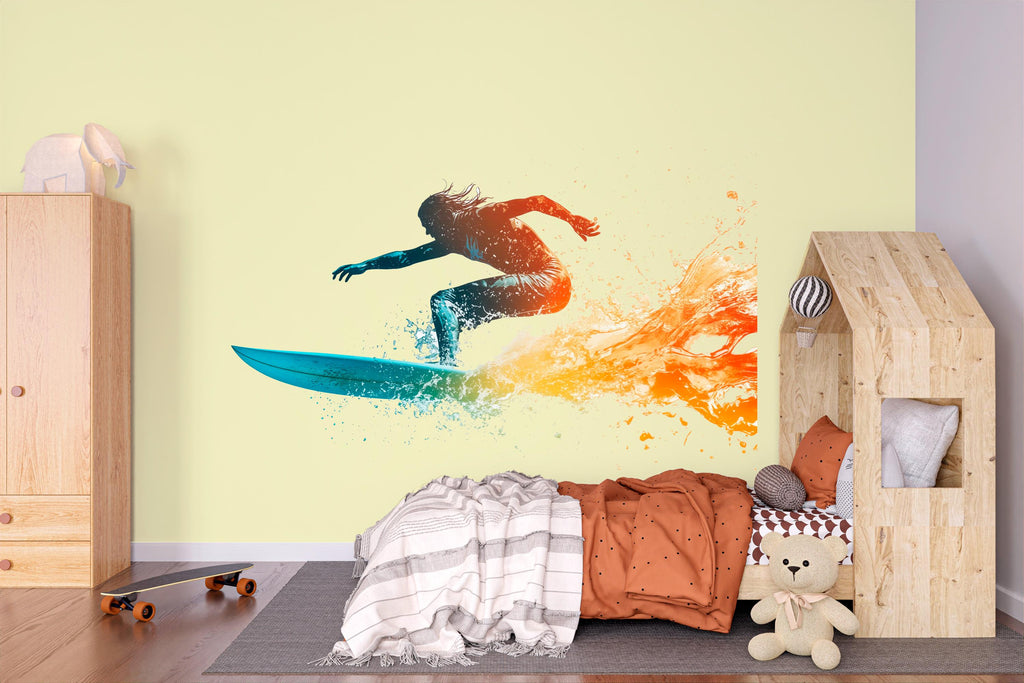 Surfing Wall Decal Sticker | Action Sports Wall Art | Peel And Stick Wall Decal For Boys Room Teen Bedroom Surf Decor Modern Interior