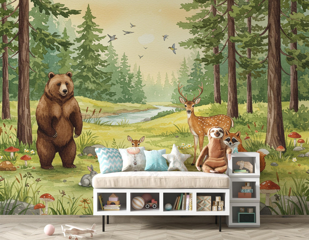 Whimsical Woodland Forest Animals Watercolor Wallpaper – Forest Scene with Bear, Deer, Fox & Friends, Dreamy Children’s Room Wall Art 299DE