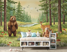 Load image into Gallery viewer, Whimsical Woodland Forest Animals Watercolor Wallpaper – Forest Scene with Bear, Deer, Fox &amp; Friends, Dreamy Children’s Room Wall Art 299DE