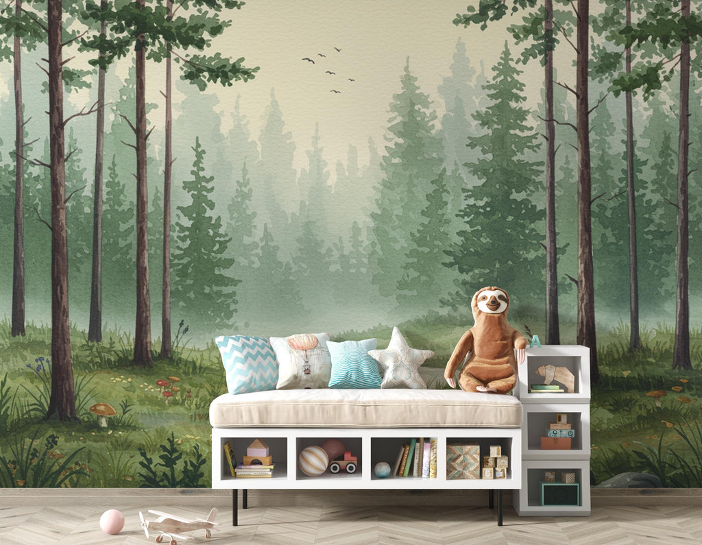 Serene Evergreen Forest Watercolor wallpaper – Dreamy Forest Woodland Landscape, Misty Pines & Stream, Nature Wall Art