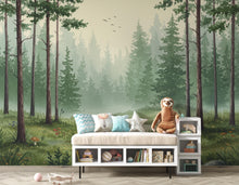 Load image into Gallery viewer, Serene Evergreen Forest Watercolor wallpaper – Dreamy Forest Woodland Landscape, Misty Pines &amp; Stream, Nature Wall Art