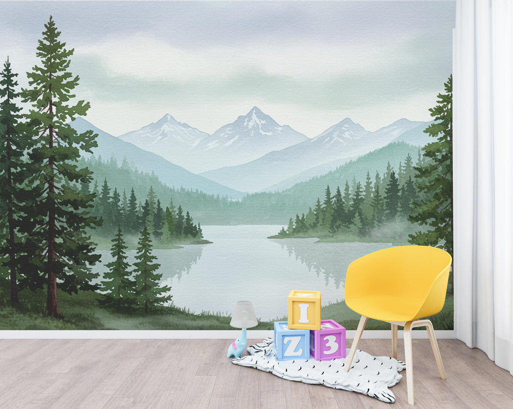 Serene Mountain Lake Watercolor Wallpaper – Misty Evergreen Forest & Snow-Capped Peaks, Dreamy Storybook Landscape Art
