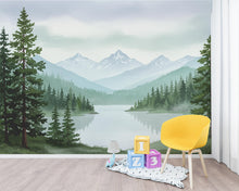 Load image into Gallery viewer, Serene Mountain Lake Watercolor Wallpaper – Misty Evergreen Forest &amp; Snow-Capped Peaks, Dreamy Storybook Landscape Art