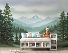 Load image into Gallery viewer, Serene Mountain Lake Watercolor Wallpaper – Misty Evergreen Forest &amp; Snow-Capped Peaks, Dreamy Storybook Landscape Art