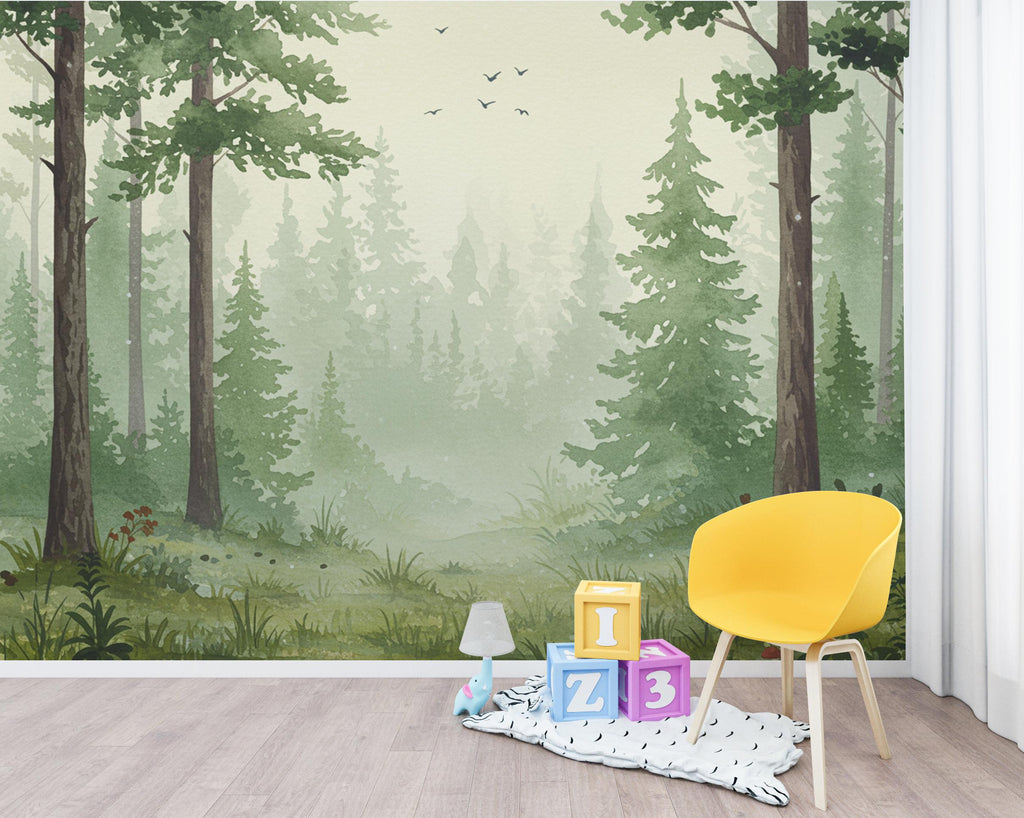 Serene Evergreen Forest Watercolor wallpaper – Dreamy Forest Woodland Landscape, Misty Pines & Stream, Nature Wall Art