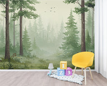 Load image into Gallery viewer, Serene Evergreen Forest Watercolor wallpaper – Dreamy Forest Woodland Landscape, Misty Pines &amp; Stream, Nature Wall Art