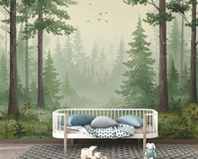 Load image into Gallery viewer, Serene Evergreen Forest Watercolor wallpaper – Dreamy Forest Woodland Landscape, Misty Pines &amp; Stream, Nature Wall Art
