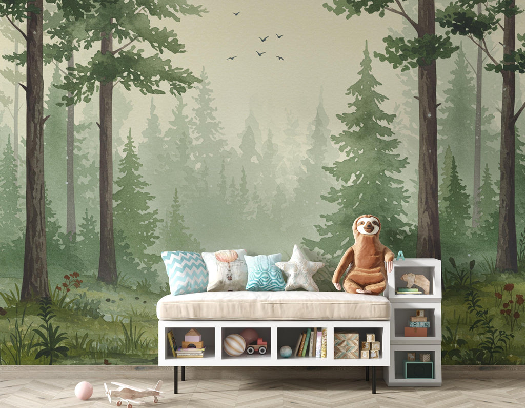 Serene Evergreen Forest Watercolor wallpaper – Dreamy Forest Woodland Landscape, Misty Pines & Stream, Nature Wall Art