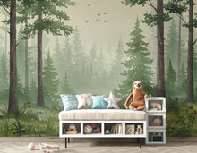 Load image into Gallery viewer, Serene Evergreen Forest Watercolor wallpaper – Dreamy Forest Woodland Landscape, Misty Pines &amp; Stream, Nature Wall Art
