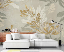 Load image into Gallery viewer, Neutral Floral Nursery Wallpaper, Soft Beige Botanical Wall Mural, Gold Accent Flower Wallpaper, Elegant Kids Room Wall Decor