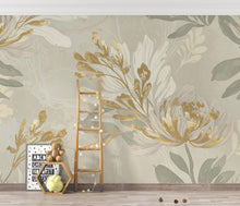 Load image into Gallery viewer, Neutral Floral Nursery Wallpaper, Soft Beige Botanical Wall Mural, Gold Accent Flower Wallpaper, Elegant Kids Room Wall Decor