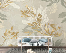 Load image into Gallery viewer, Neutral Floral Nursery Wallpaper, Soft Beige Botanical Wall Mural, Gold Accent Flower Wallpaper, Elegant Kids Room Wall Decor