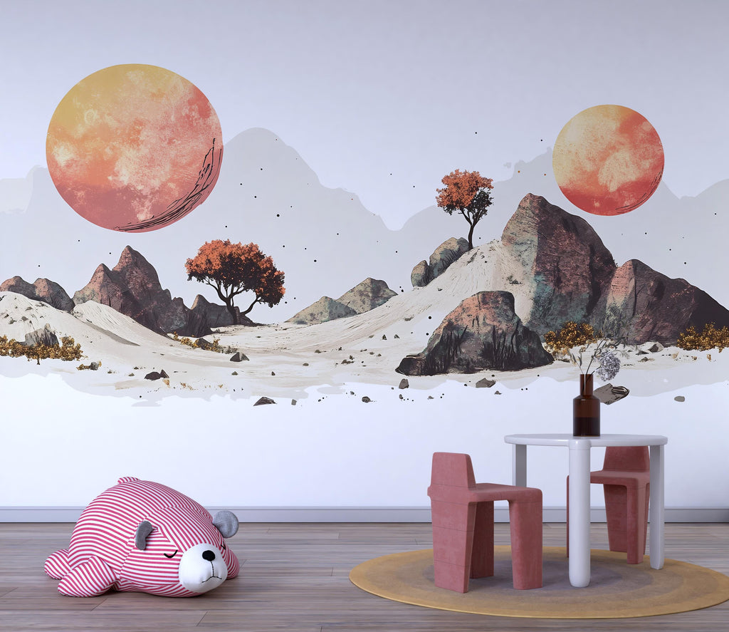 Abstract Moon Landscape Wall Decal Sticker | Boho Nursery Wall Art | Peel And Stick Wall Decal For Baby Room Kids Bedroom Modern Decor