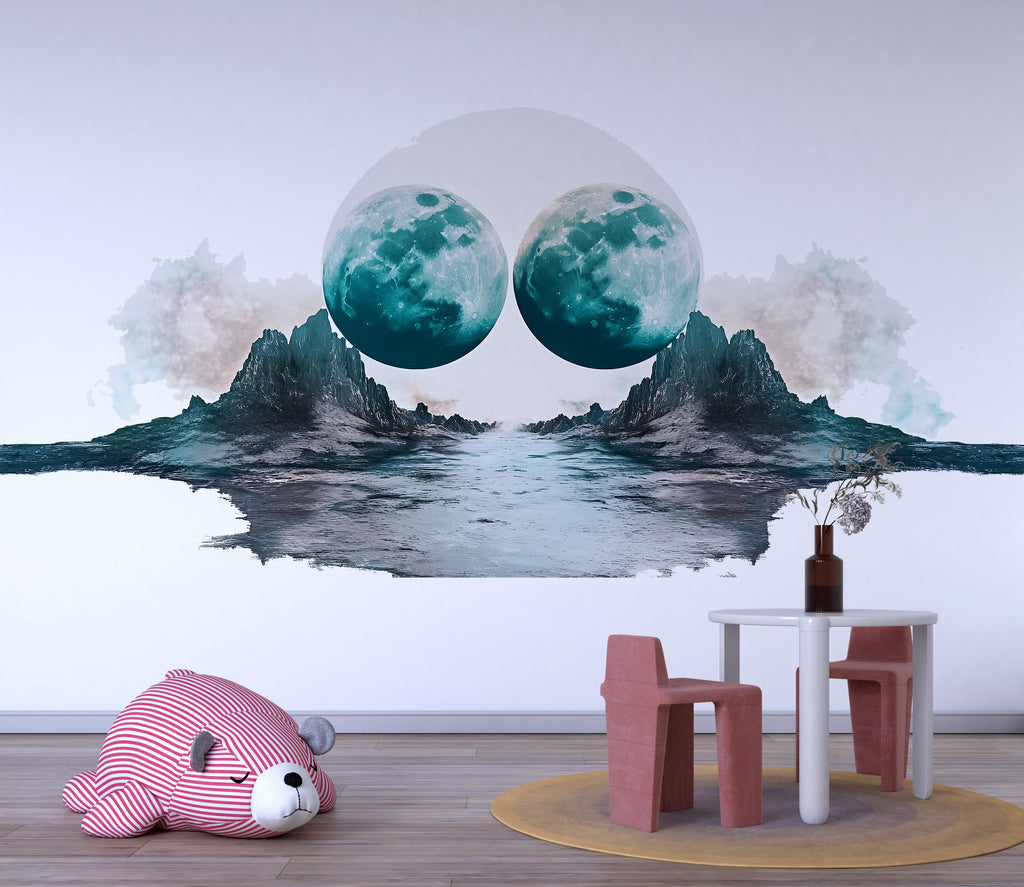 Twin Moon Landscape Wall Decal Sticker | Surreal Nursery Wall Art | Peel And Stick Wall Decal For Baby Room Kids Bedroom Modern Decor