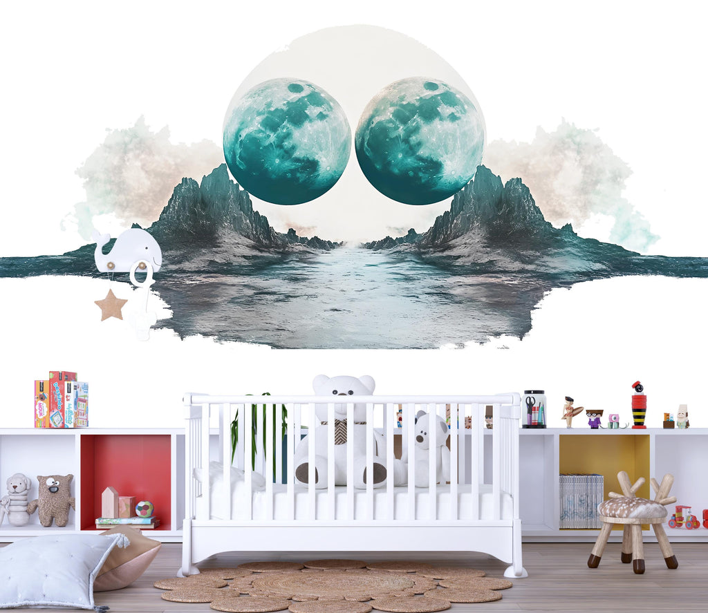 Twin Moon Landscape Wall Decal Sticker | Surreal Nursery Wall Art | Peel And Stick Wall Decal For Baby Room Kids Bedroom Modern Decor