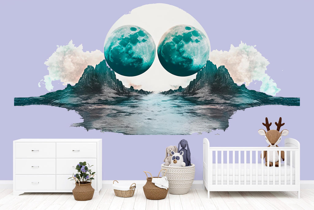 Twin Moon Landscape Wall Decal Sticker | Surreal Nursery Wall Art | Peel And Stick Wall Decal For Baby Room Kids Bedroom Modern Decor
