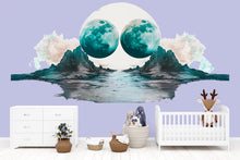 Load image into Gallery viewer, Twin Moon Landscape Wall Decal Sticker | Surreal Nursery Wall Art | Peel And Stick Wall Decal For Baby Room Kids Bedroom Modern Decor