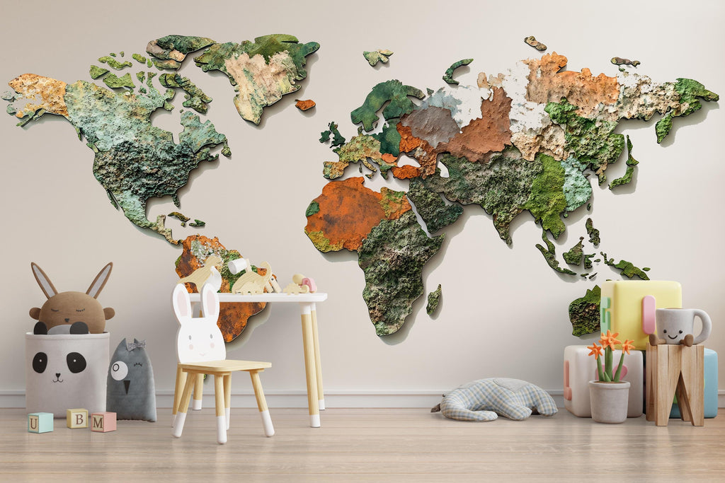 World Map Wall Decal Sticker | Textured Earth Map Wall Art | Peel And Stick Educational Wall Decal For Kids Nursery Playroom