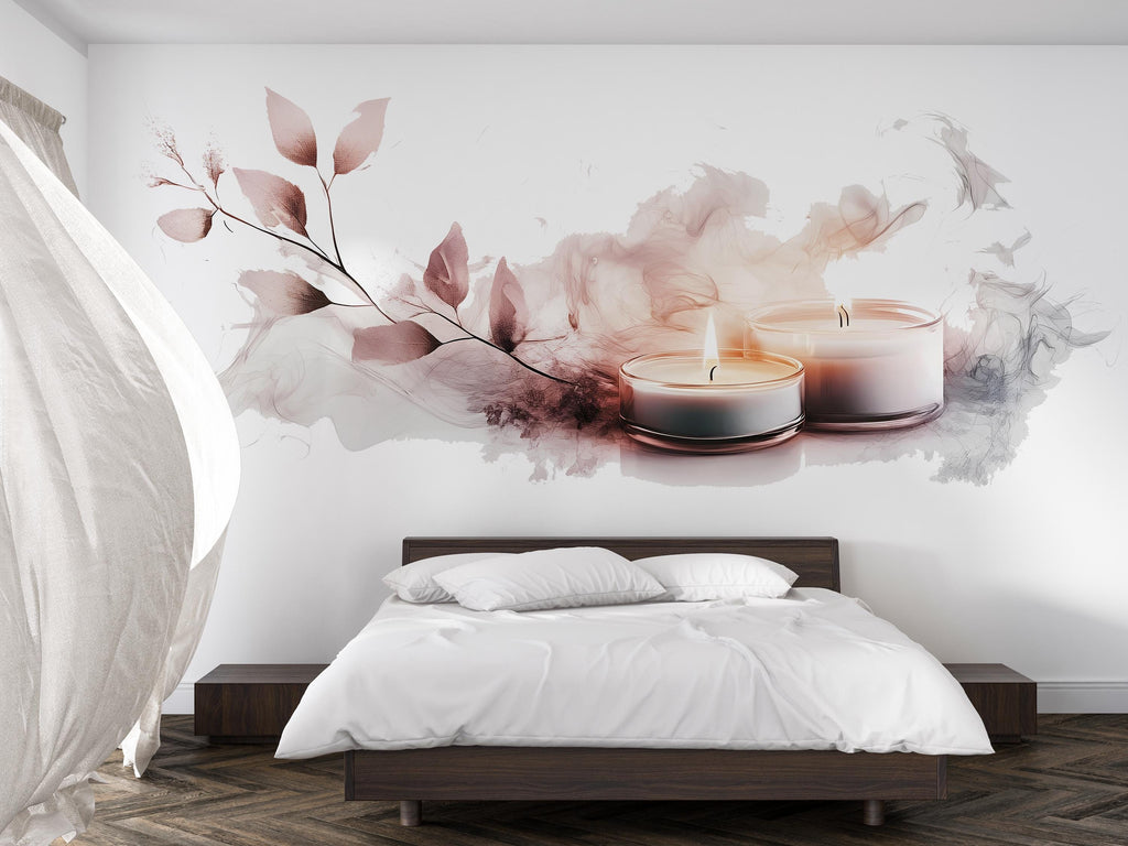 Blush Candle Wall Decal With Leaves | Spa Wall Sticker | Pink Bedroom Wall Art | Vanity Wall Decor | Meditation Wall Mural
