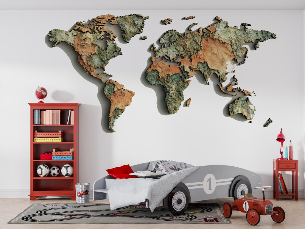 Textured World Map Wall Decal Sticker | Vintage Earth Map Wall Art | Peel And Stick World Map Decor For Kids Room Bedroom