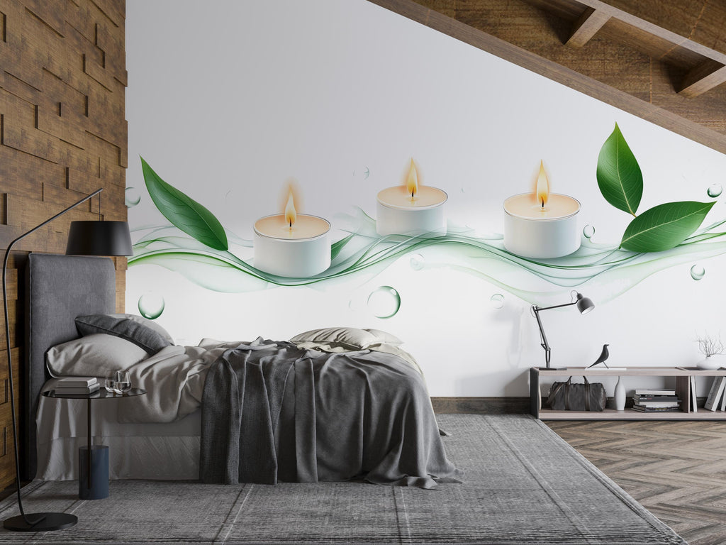 Green Spa Candle Wall Decal With Leaves | Zen Wall Sticker | Bathroom Wall Art | Meditation Wall Decor | Peel And Stick Botanical Candle