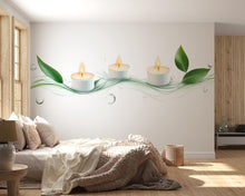 Load image into Gallery viewer, Green Spa Candle Wall Decal With Leaves | Zen Wall Sticker | Bathroom Wall Art | Meditation Wall Decor | Peel And Stick Botanical Candle