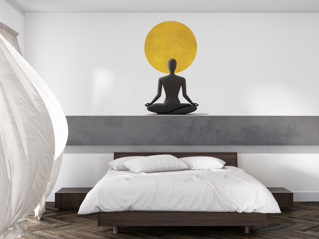 Meditation Wall Decal With Golden Sun | Yoga Wall Sticker | Zen Wall Art | Calm Bedroom Decor | Spiritual Wall Mural | Peel And Stick