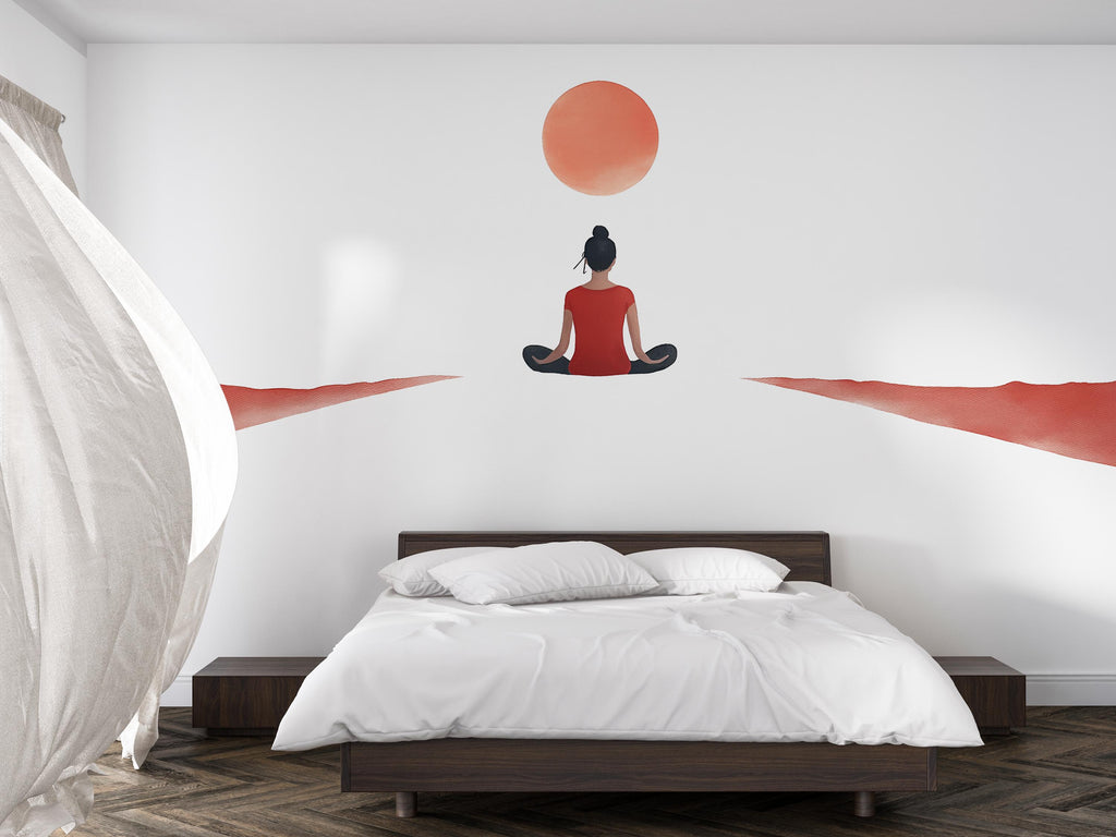 Meditation Woman Wall Decal With Red Sun | Yoga Wall Sticker | Zen Minimalist Wall Art | Spiritual Bedroom Decor | Calm Meditation Room Wall