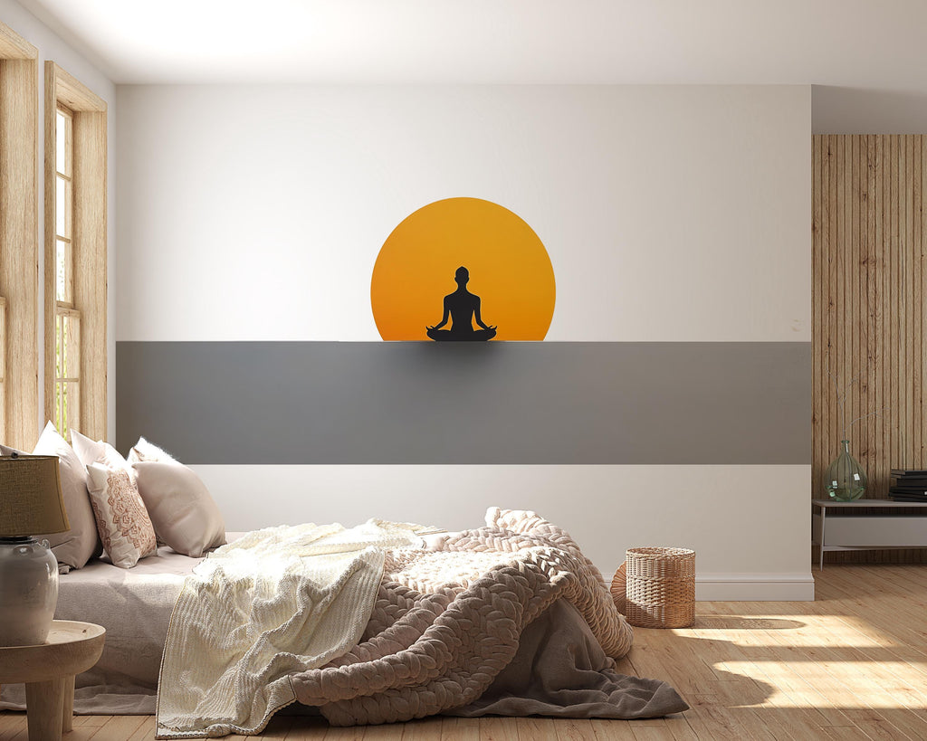 Meditation Sun Wall Decal | Minimalist Yoga Wall Sticker | Zen Silhouette Wall Art | Spiritual Bedroom Decor | Calm Meditation Room Wall