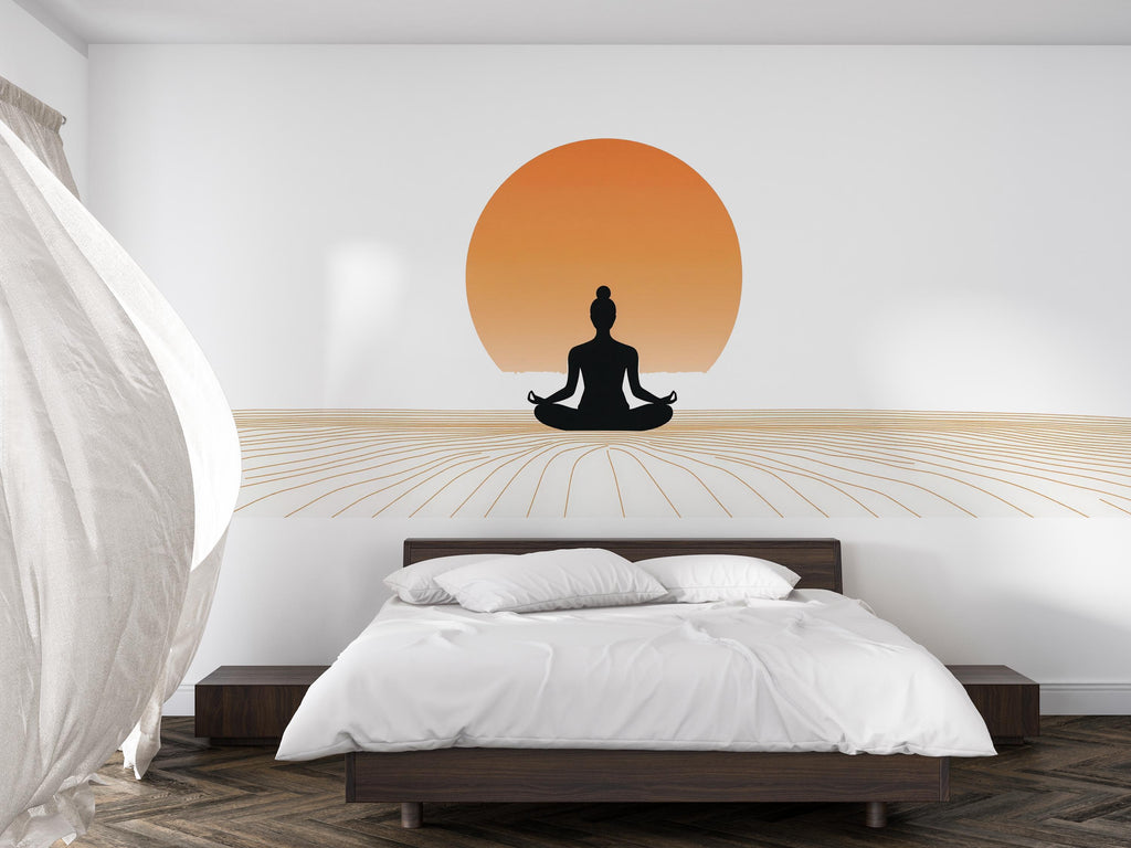 Meditation Sun Horizon Wall Decal | Minimalist Yoga Wall Sticker | Zen Sunset Silhouette Wall Art | Spiritual Bedroom Decor