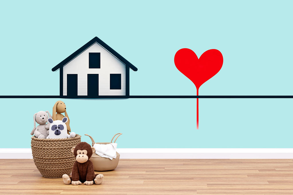 House Line Art Wall Decal With Heart Balloon | Modern Minimalist Home Wall Sticker | Family Love Nursery Decor | Kids Room Wall Art