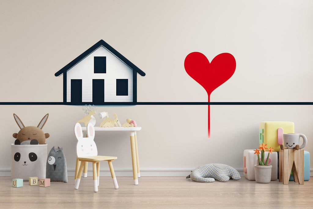 House Line Art Wall Decal With Heart Balloon | Modern Minimalist Home Wall Sticker | Family Love Nursery Decor | Kids Room Wall Art