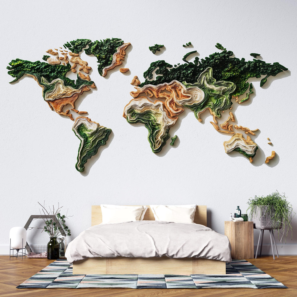 Layered World Map Wall Decal Sticker | 3D Topographic Earth Map Wall Art | Peel And Stick World Map Decor For Modern Home