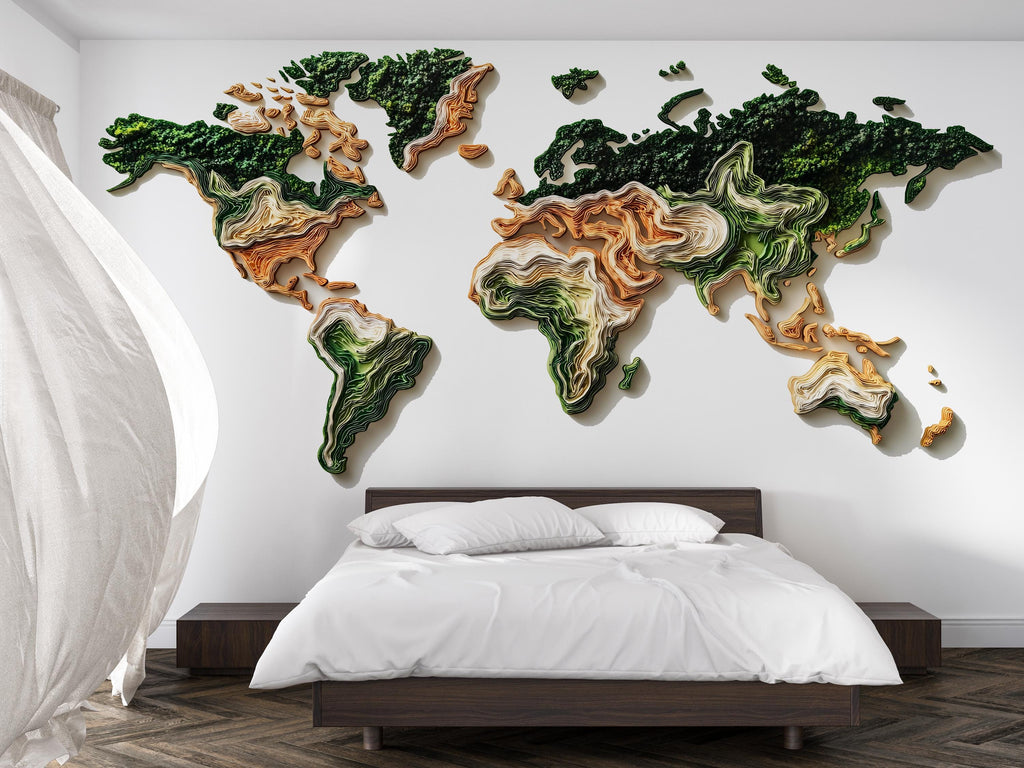 Layered World Map Wall Decal Sticker | 3D Topographic Earth Map Wall Art | Peel And Stick World Map Decor For Modern Home