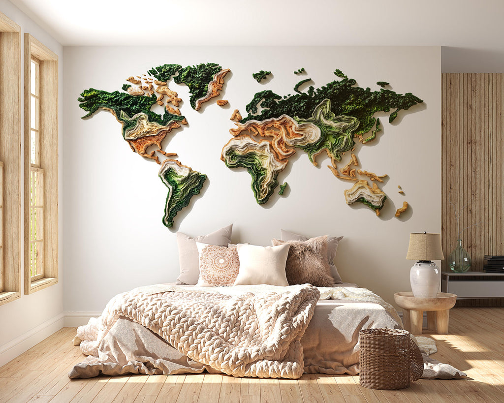 Layered World Map Wall Decal Sticker | 3D Topographic Earth Map Wall Art | Peel And Stick World Map Decor For Modern Home