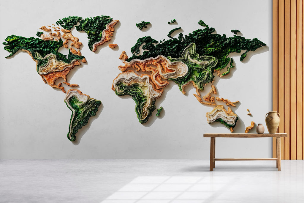 Layered World Map Wall Decal Sticker | 3D Topographic Earth Map Wall Art | Peel And Stick World Map Decor For Modern Home