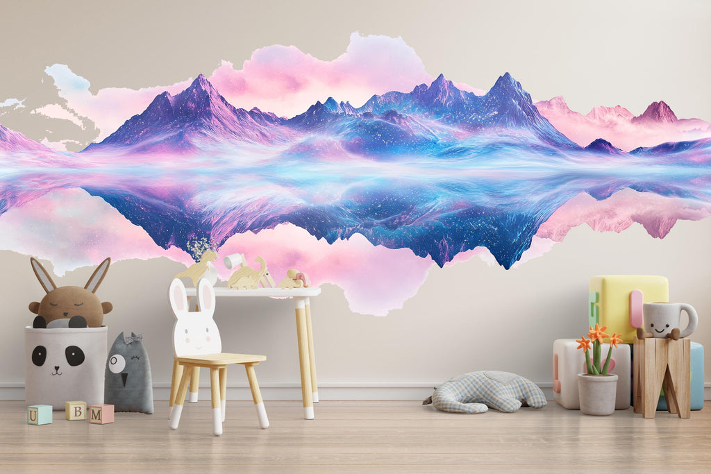 Pastel Mountain Wall Decal Sticker | Dreamy Landscape Wall Art | Watercolor Mountain Reflection Nursery Decor | Peel And Stick