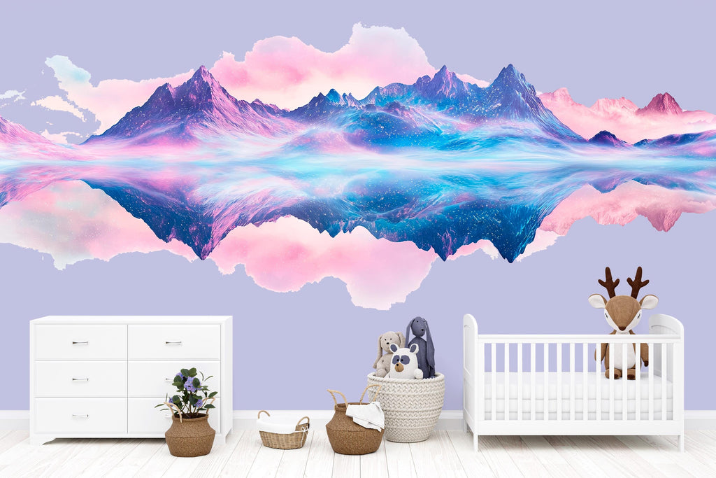 Pastel Mountain Wall Decal Sticker | Dreamy Landscape Wall Art | Watercolor Mountain Reflection Nursery Decor | Peel And Stick