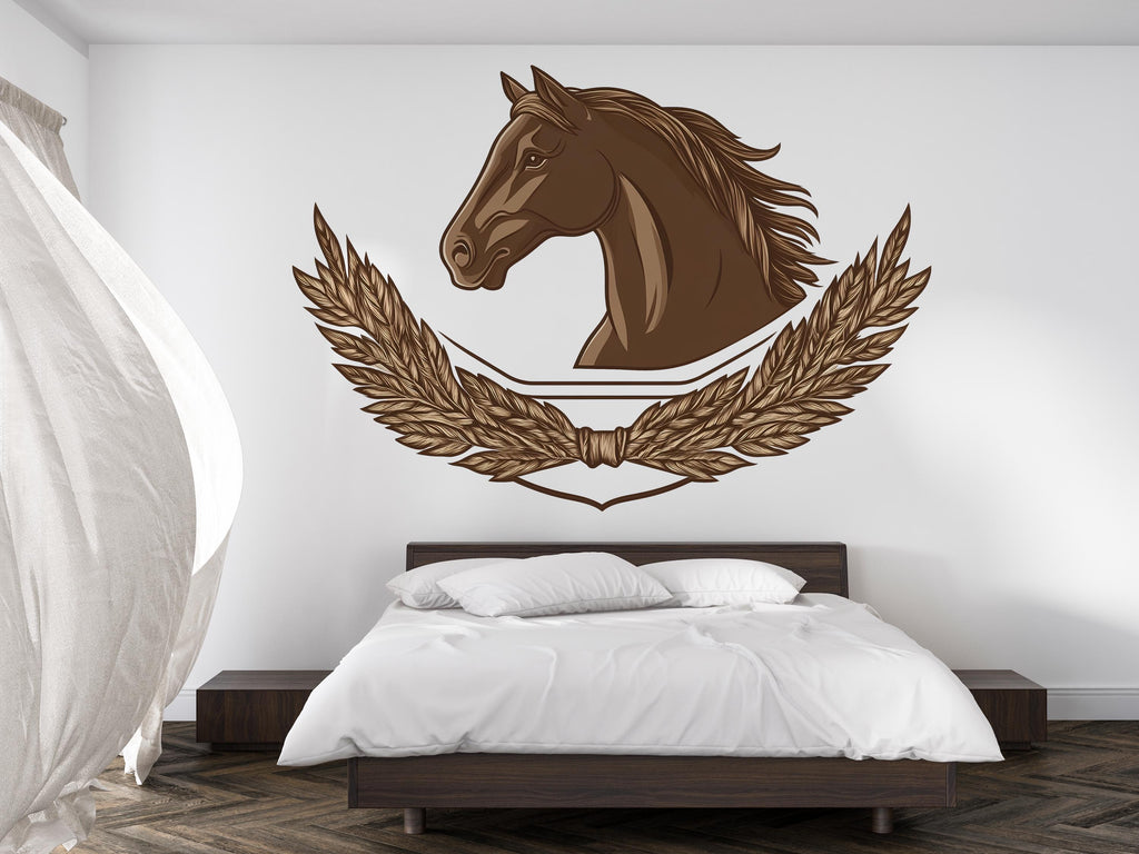 Horse Crest Wall Decal Sticker | Equestrian Horse Head Wall Art | Rustic Western Bedroom Decor | Peel And Stick Horse Emblem