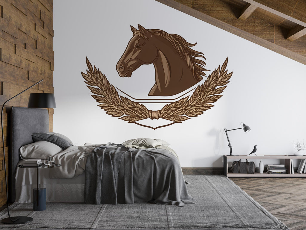 Horse Crest Wall Decal Sticker | Equestrian Horse Head Wall Art | Rustic Western Bedroom Decor | Peel And Stick Horse Emblem
