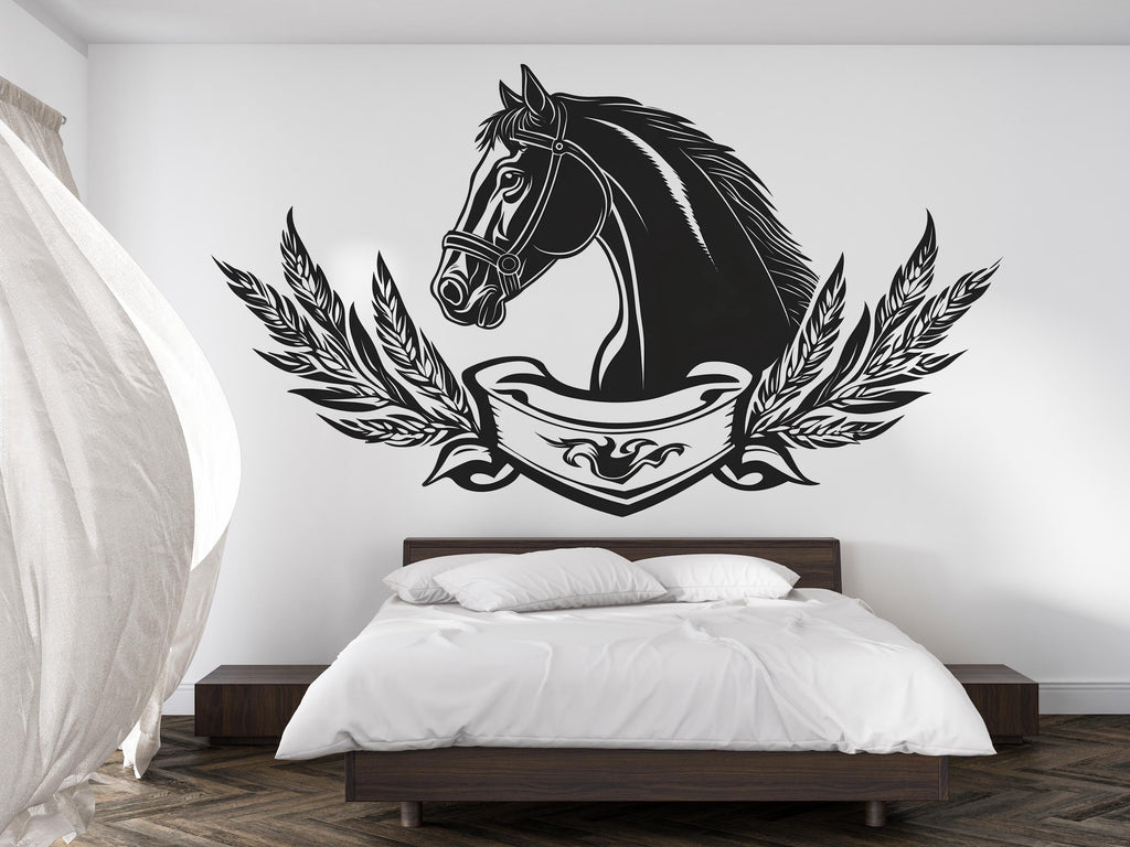 Black Horse Crest Wall Decal Sticker | Equestrian Horse Head Wall Art | Laurel Wreath Emblem | Masculine Bedroom Decor
