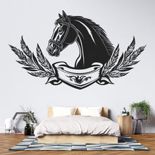 Load image into Gallery viewer, Black Horse Crest Wall Decal Sticker | Equestrian Horse Head Wall Art | Laurel Wreath Emblem | Masculine Bedroom Decor