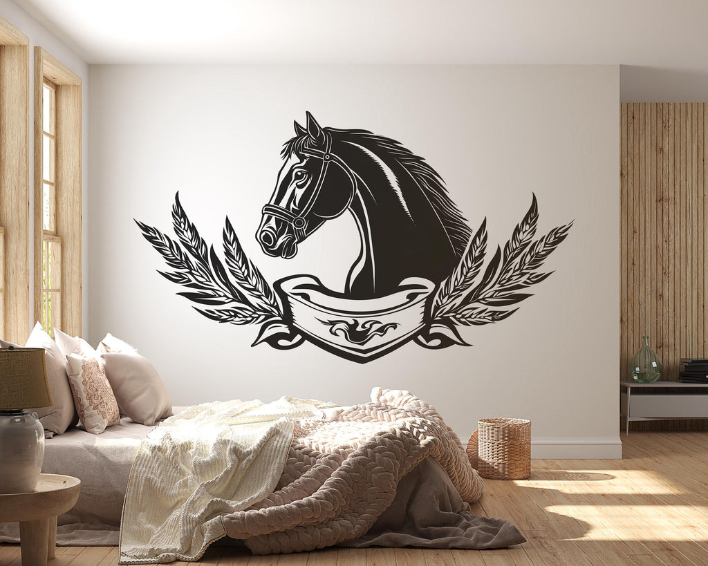 Black Horse Crest Wall Decal Sticker | Equestrian Horse Head Wall Art | Laurel Wreath Emblem | Masculine Bedroom Decor