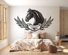 Load image into Gallery viewer, Black Horse Crest Wall Decal Sticker | Equestrian Horse Head Wall Art | Laurel Wreath Emblem | Masculine Bedroom Decor