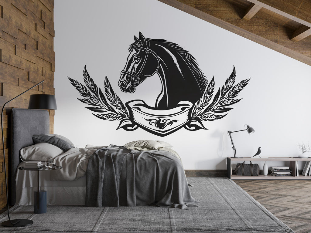 Black Horse Crest Wall Decal Sticker | Equestrian Horse Head Wall Art | Laurel Wreath Emblem | Masculine Bedroom Decor