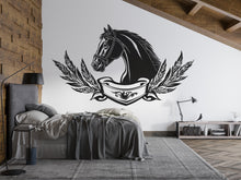 Load image into Gallery viewer, Black Horse Crest Wall Decal Sticker | Equestrian Horse Head Wall Art | Laurel Wreath Emblem | Masculine Bedroom Decor
