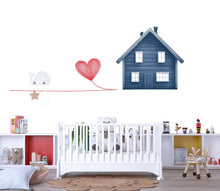Load image into Gallery viewer, Blue House Wall Decal With Heart Balloon Line Art | Nursery Wall Sticker | Kids Room Decor | Modern Family Love Wall Art | Playroom