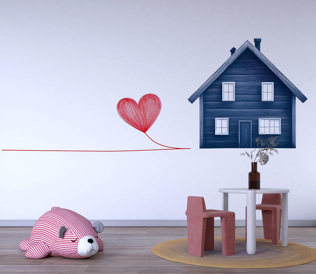 Blue House Wall Decal With Heart Balloon Line Art | Nursery Wall Sticker | Kids Room Decor | Modern Family Love Wall Art | Playroom