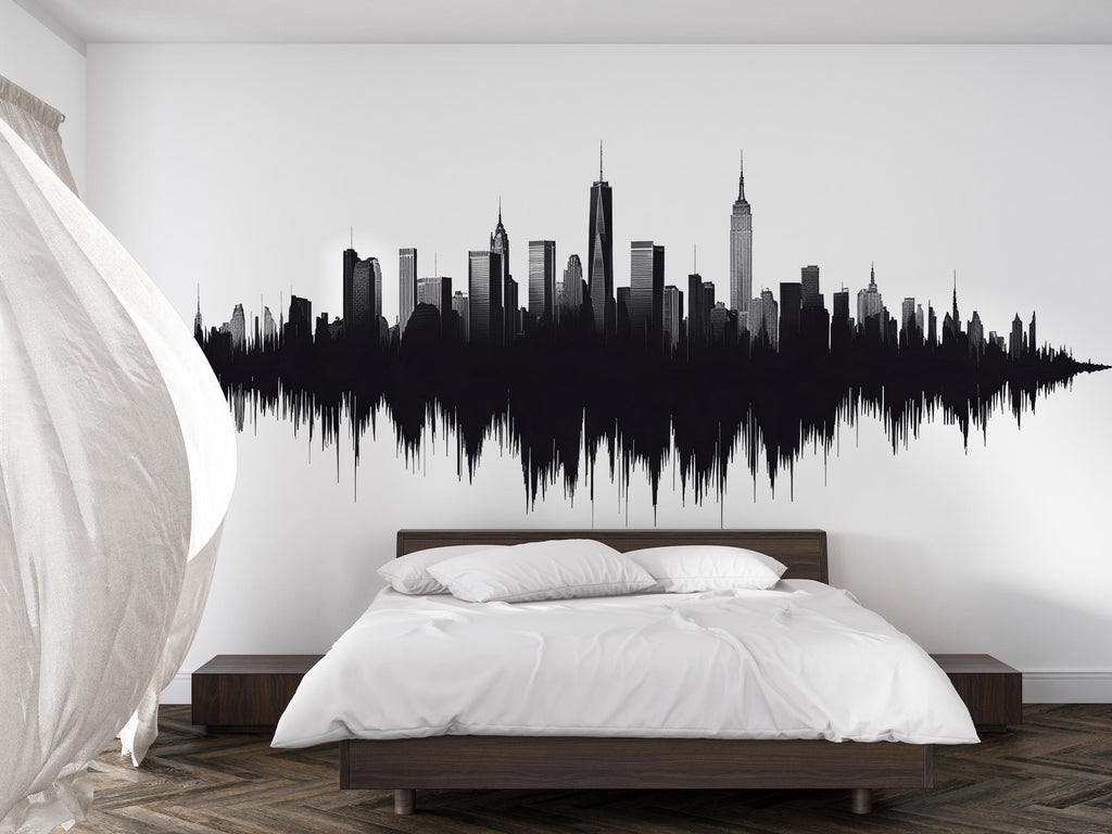 New York Skyline Soundwave Wall Decal | City Skyline Wall Sticker | Modern Cityscape Wall Art | NYC Bedroom Decor | Urban Skyline Vinyl