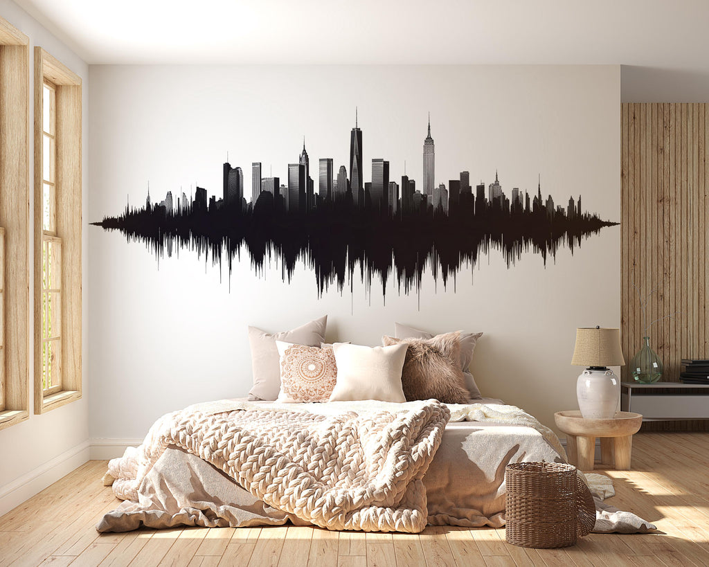 New York Skyline Soundwave Wall Decal | City Skyline Wall Sticker | Modern Cityscape Wall Art | NYC Bedroom Decor | Urban Skyline Vinyl